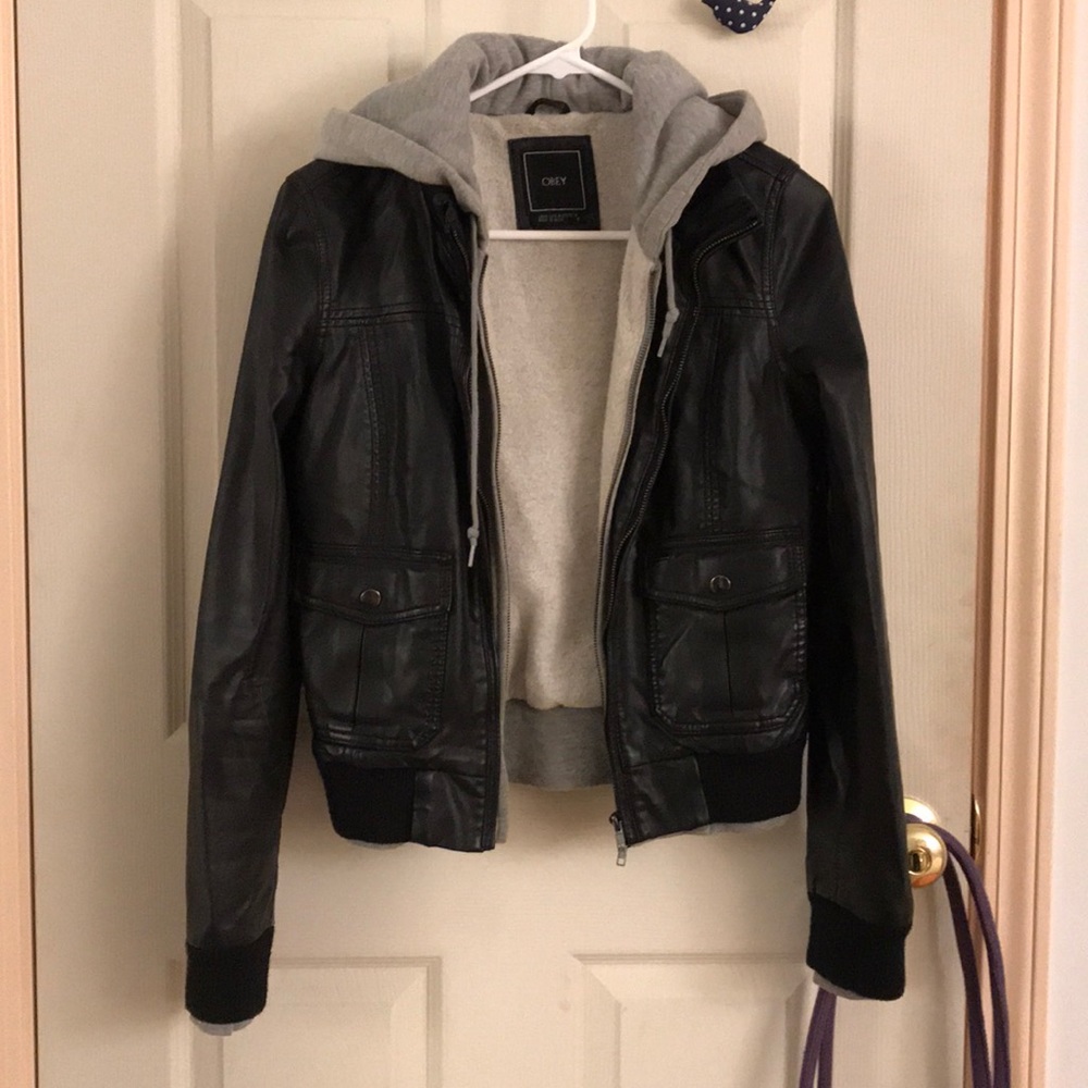 obey black leather gray hoodie jacket